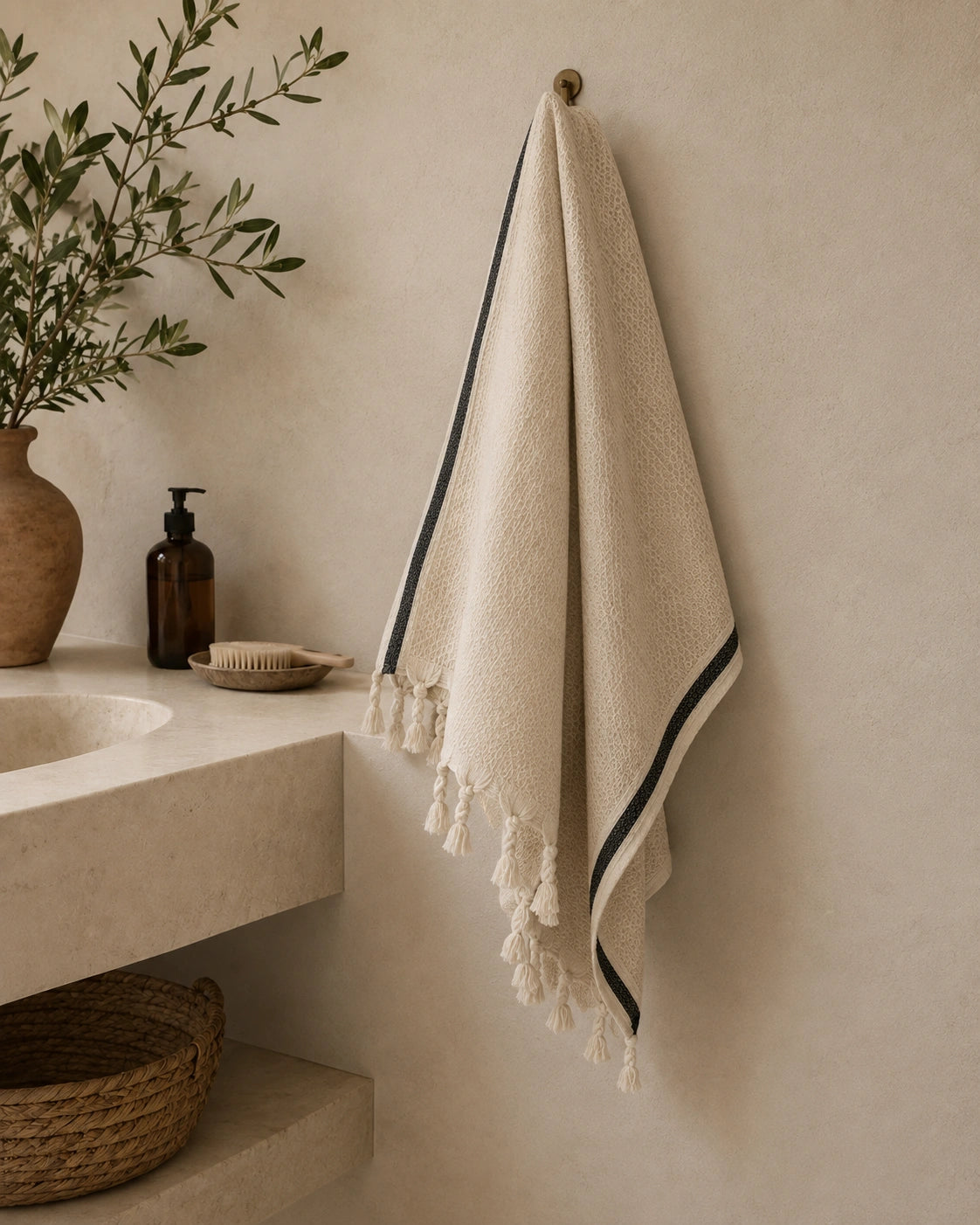Alara cotton linen Turkish bath towel with black stripe and tassels styled beside a natural stone bathroom vanity.