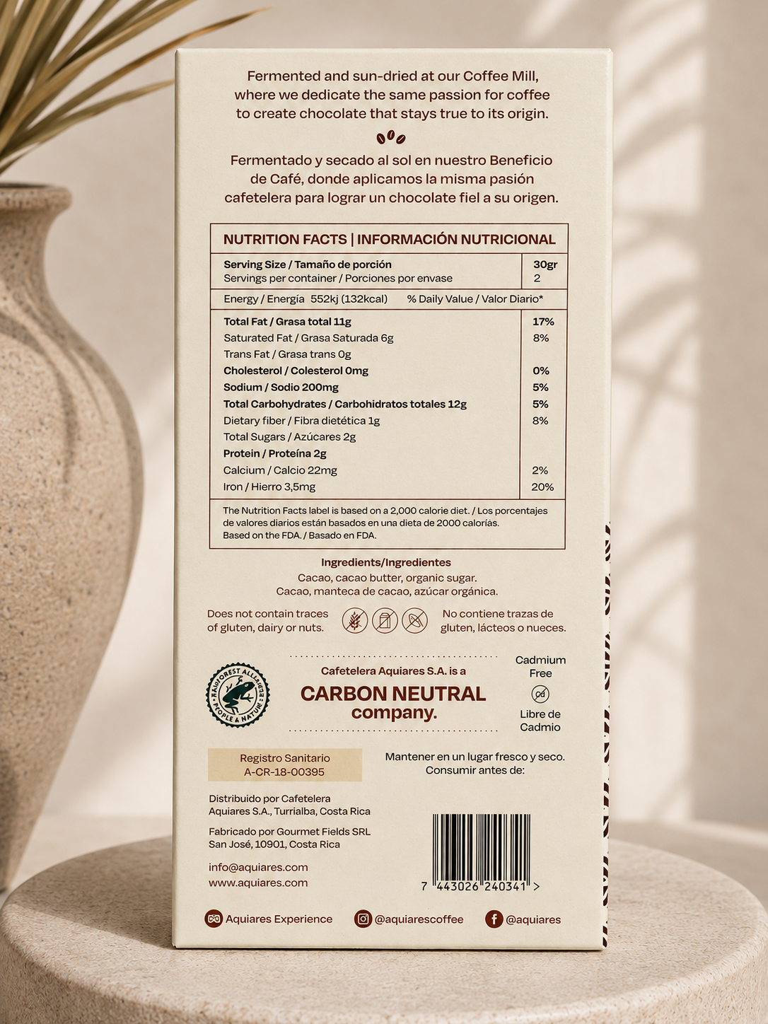 The back of a packaged coffee chocolate product, showing nutrition facts, ingredients, and a barcode on a kraft paper background.