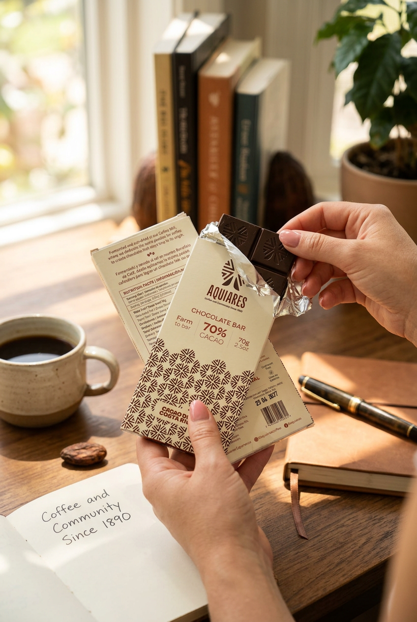 A person holds a wrapped chocolate bar over a wooden desk in a bright indoor setting. The package reads 'AQUARES' and 'CHOCOLATE BAR 70% Cacao'.