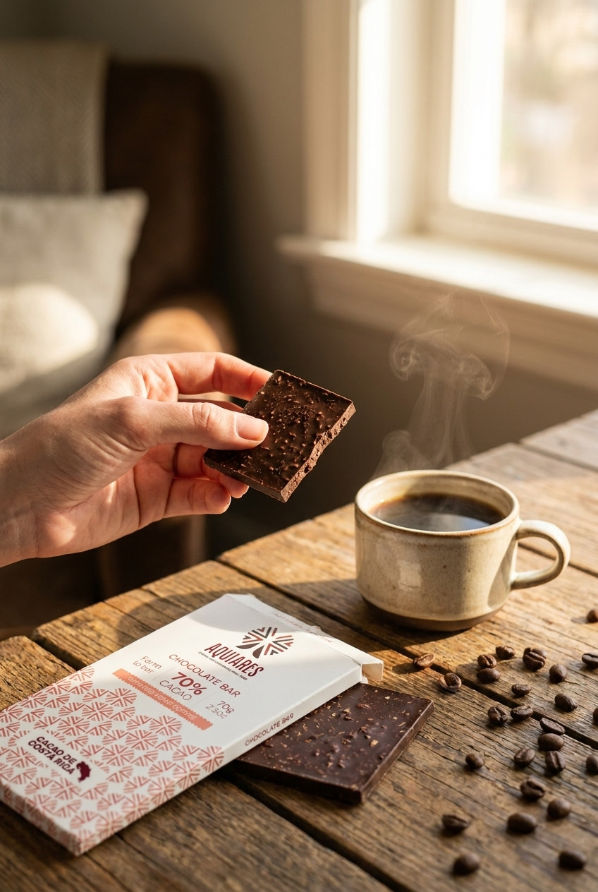 A hand holds a square piece of dark chocolate above a wrapped chocolate bar and a cup of coffee on a rustic wooden table, with coffee beans scattered nearby and warm sunlight coming from a window.