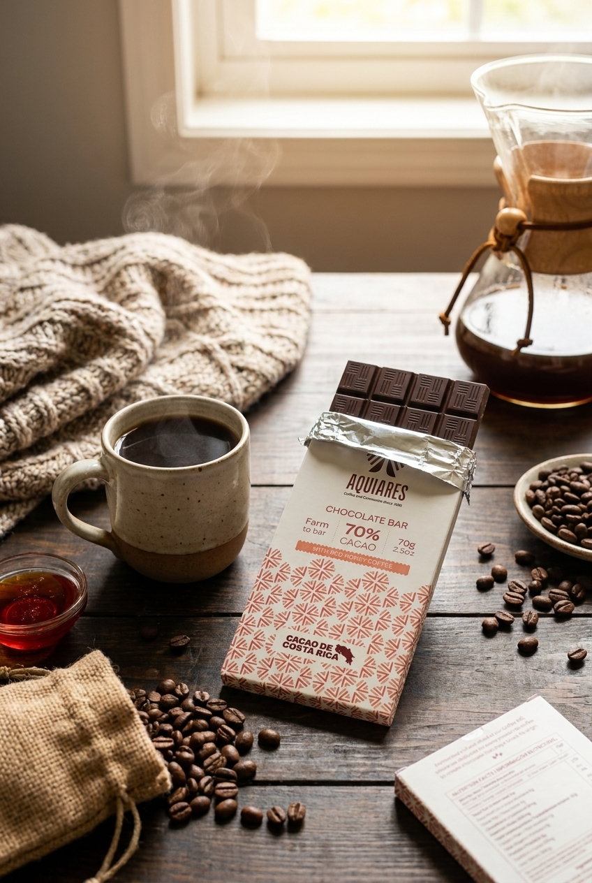 A chocolate bar in a printed wrapper sits on a rustic wooden table surrounded by coffee-themed props, including a mug of black coffee with steam, scattered coffee beans, a burlap sack, a glass carafe, and a knitted blanket near a window.