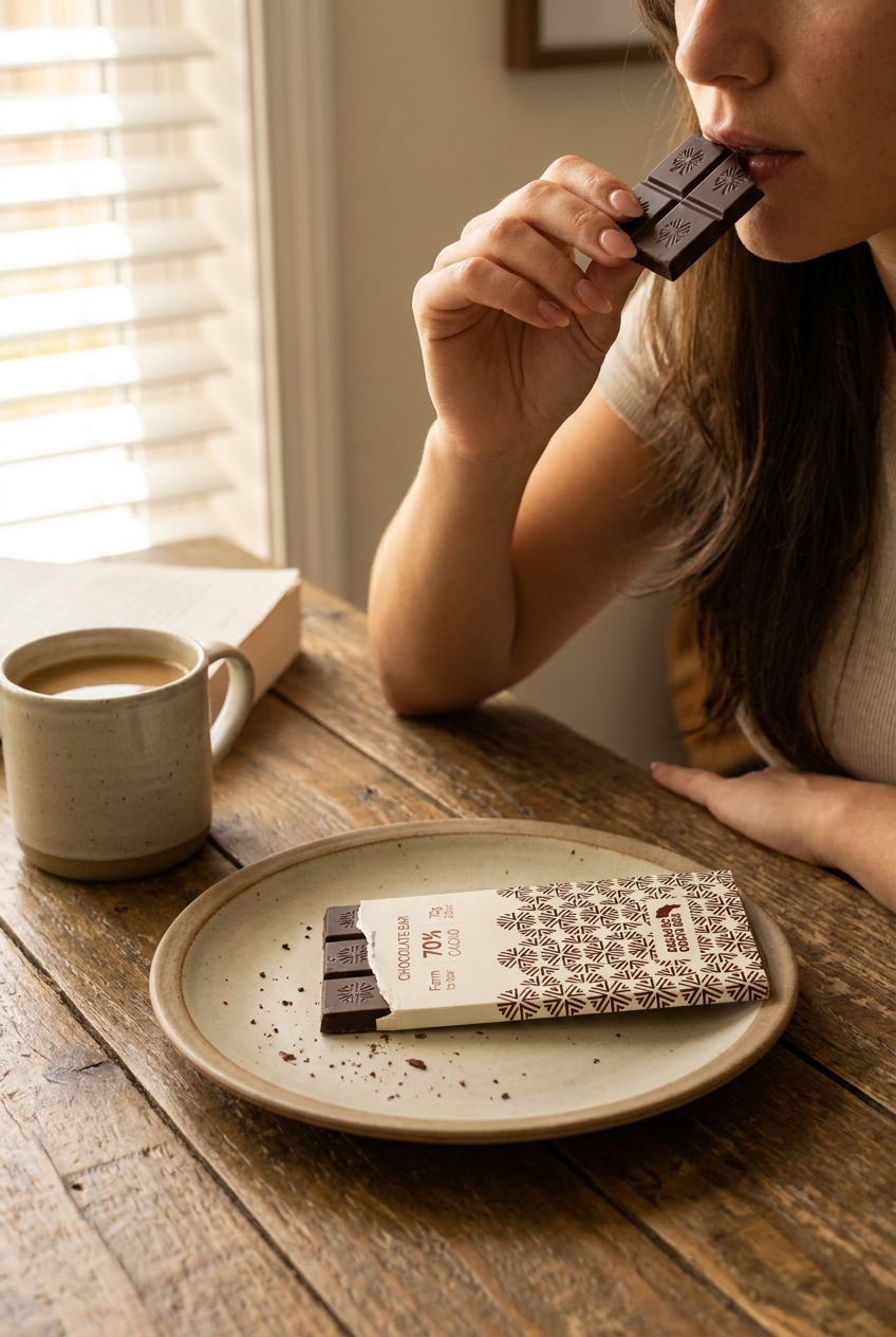 A woman bites into a dark chocolate bar while sitting at a rustic wooden table with a ceramic mug of coffee and a plate holding the chocolate bar wrapper.