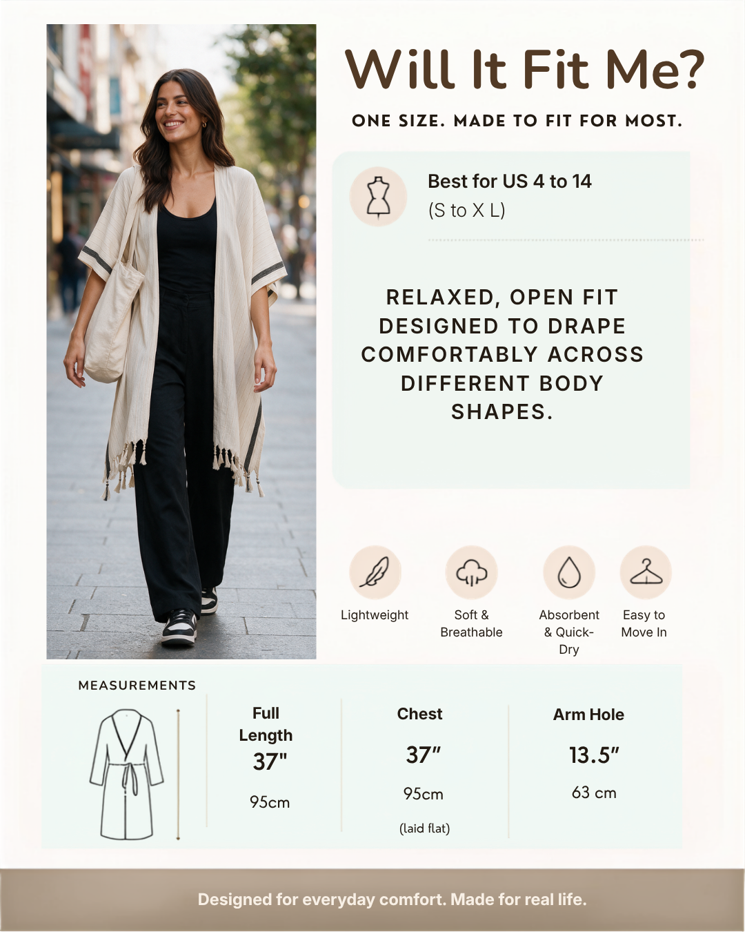 Asya Turkish cotton kimono size and fit guide showing a relaxed open-front fit for S–XL, with garment length, chest and armhole measurements.