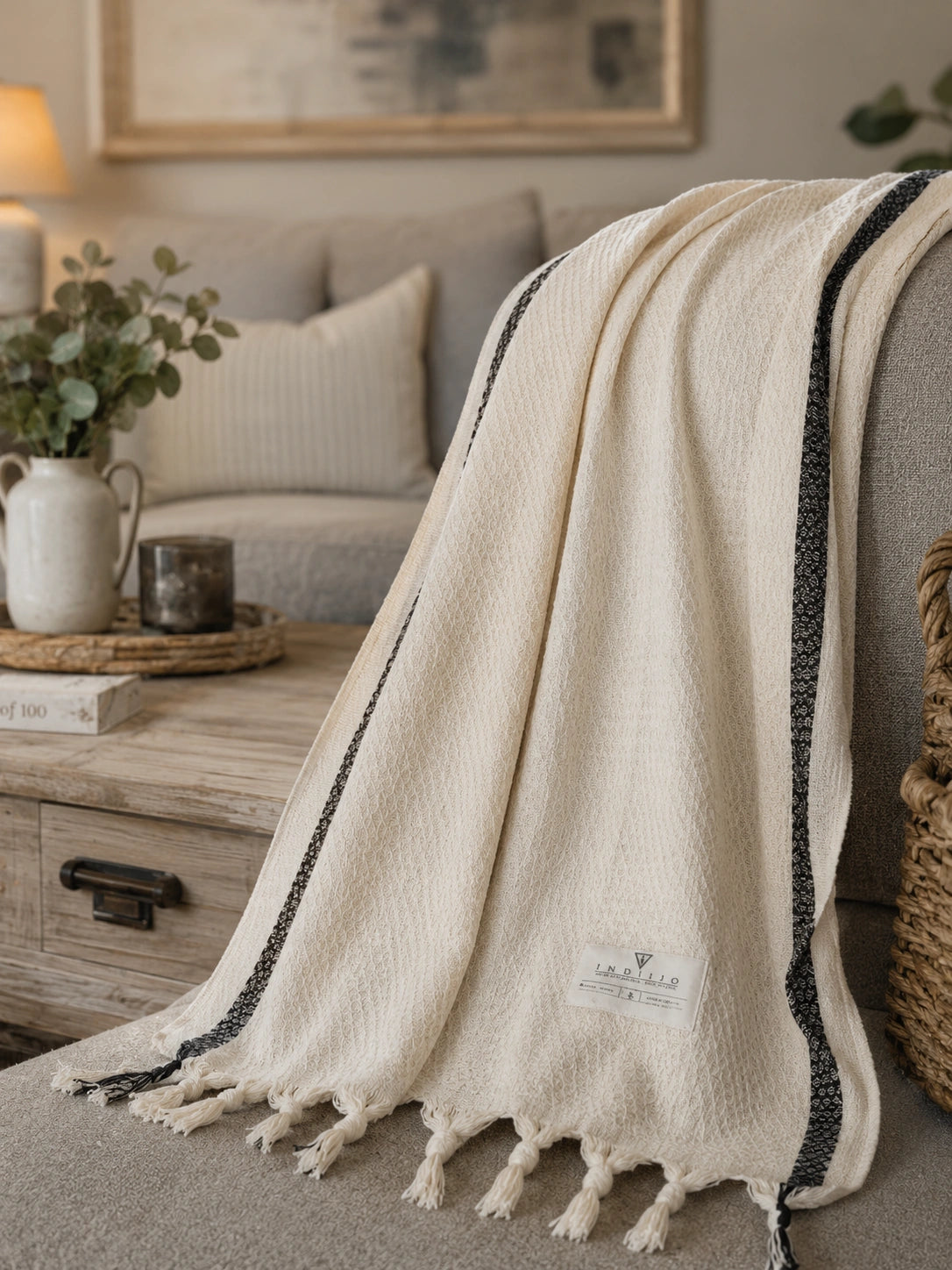 Bella cotton Turkish towel draped over a neutral chair, showing its ivory textured weave, black border stripes and knotted tassels.