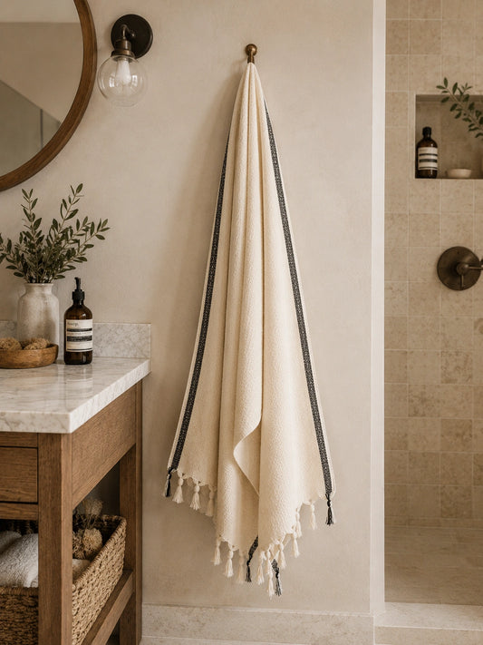 Bella 100% cotton Turkish towel hanging in a warm neutral bathroom with black woven border stripes and knotted tassel fringe.