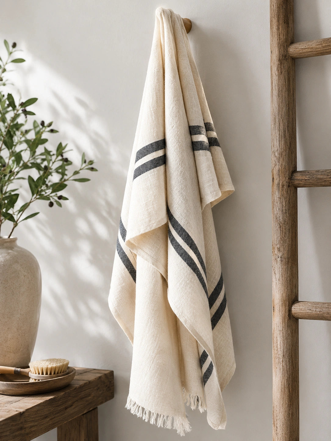 Celine 100% cotton Turkish towel hanging in a neutral bathroom, featuring a natural ivory weave, black stripes and fringed edges.