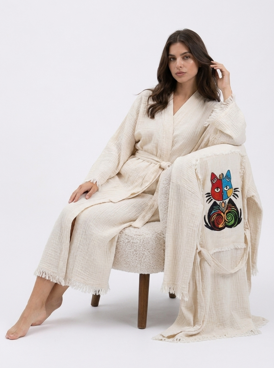 Seated model wearing a cream cotton kimono robe beside the visible colorful embroidered cat back panel, with a belted waist, wide fringed sleeves, and a soft relaxed silhouette.