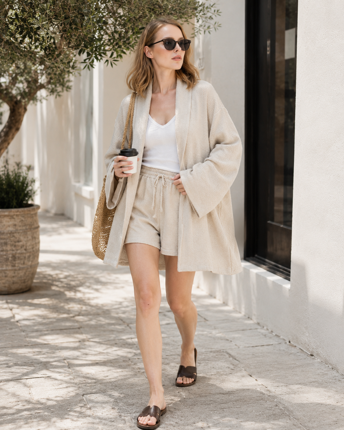 A woman walking outdoors in a sunlit street wearing a light beige open-front cardigan, matching shorts, a white tank top, sunglasses, and brown slide sandals, while carrying a woven straw bag and holding a takeaway coffee cup.
Defne natural cotton linen kimono styled with shorts, sandals and a woven bag for everyday wear