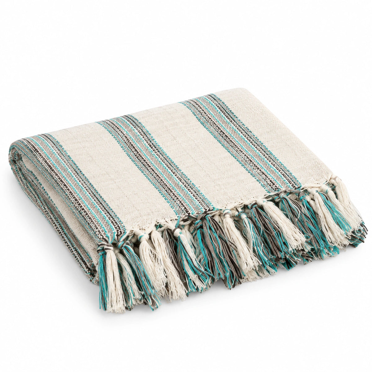Folded Gelin cotton peshtemal towel showing its natural ivory weave, blue-green and earthy stripes, and hand-tied tassels.