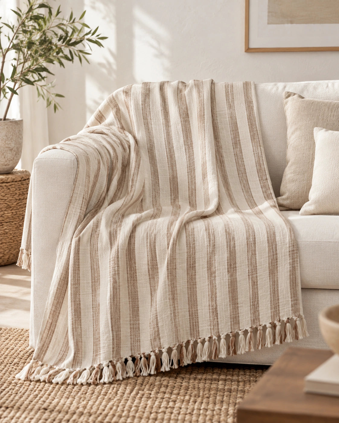 Gelin large cotton throw blanket draped over a cream sofa, showing its natural ivory and taupe striped weave and tassels.