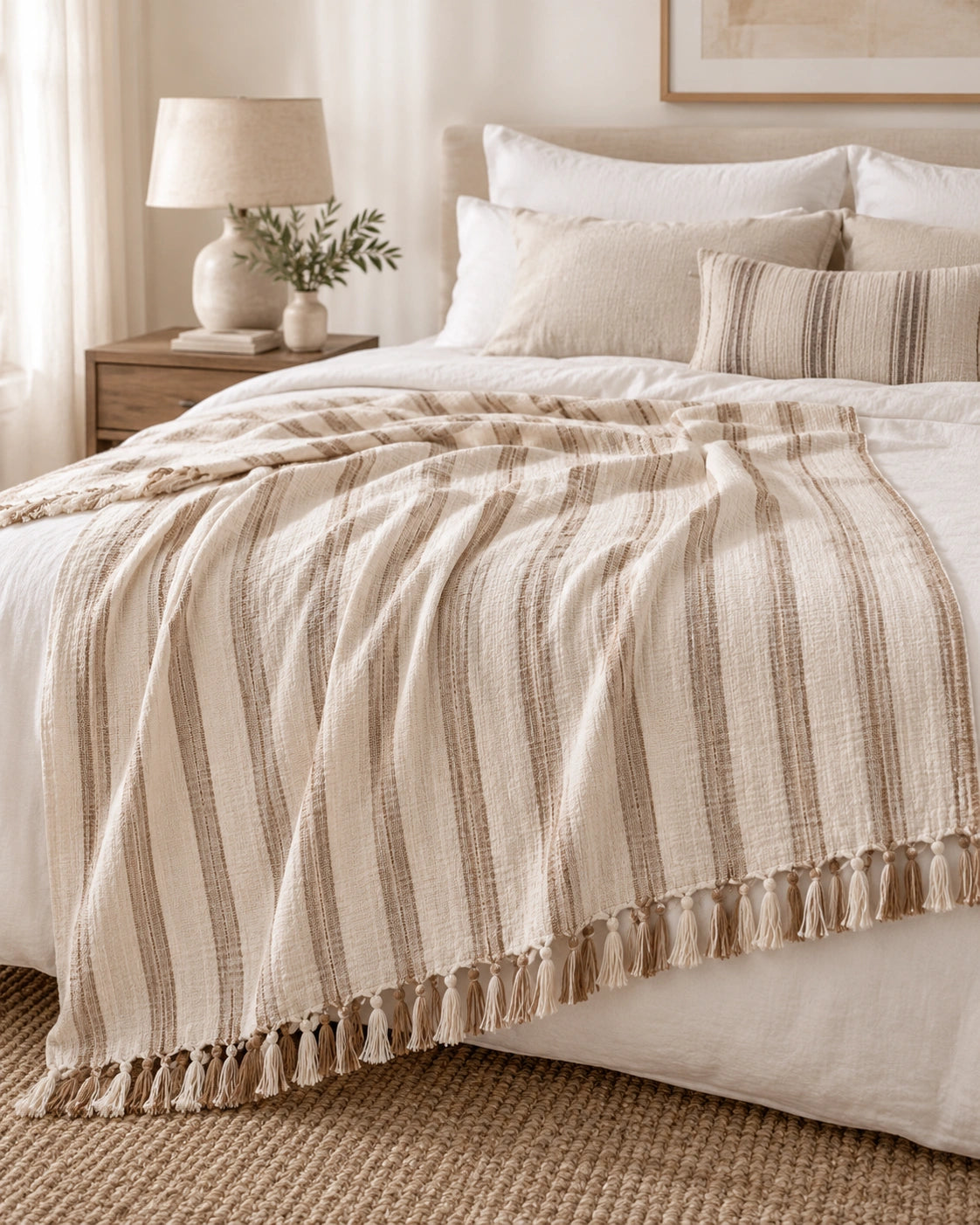 Gelin large cotton throw blanket layered across a neutral bed, featuring ivory and taupe woven stripes and tassel fringe.
