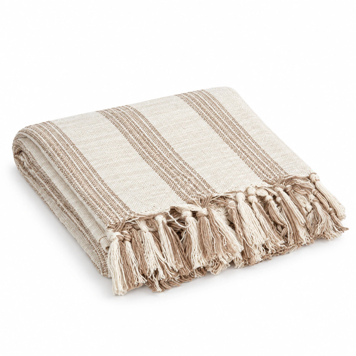 Folded Gelin large 100% cotton throw blanket in natural ivory with soft taupe woven stripes and tassel fringe.