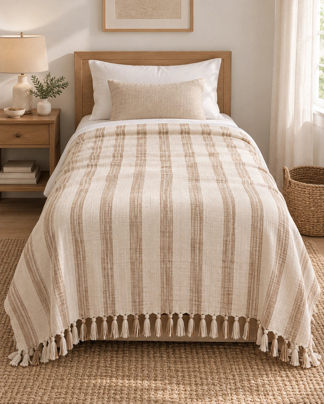 Gelin striped cotton throw blanket styled over a bed in a warm neutral bedroom, showing its generous 59 by 85 inch size.