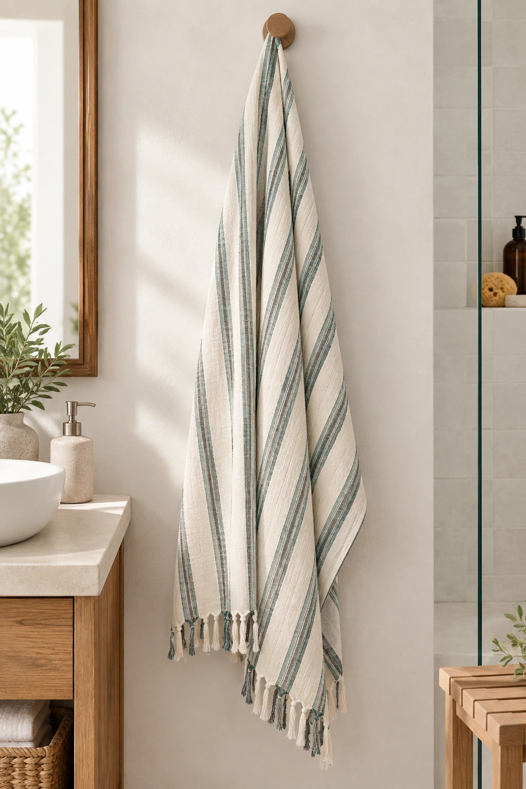 Striped Turkish cotton towel hanging in a bright natural bathroom with wood vanity, greenery, and soft neutral decor.