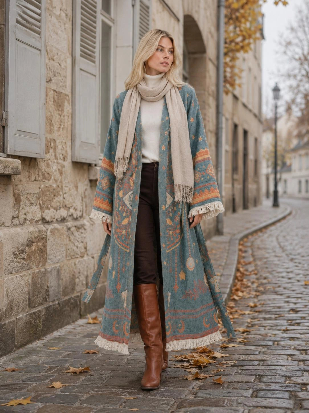 Woman styling the Hamsa Turkish cotton kimono robe over a cream sweater, scarf and dark pants for an effortless fall outfit on a cobblestone street.