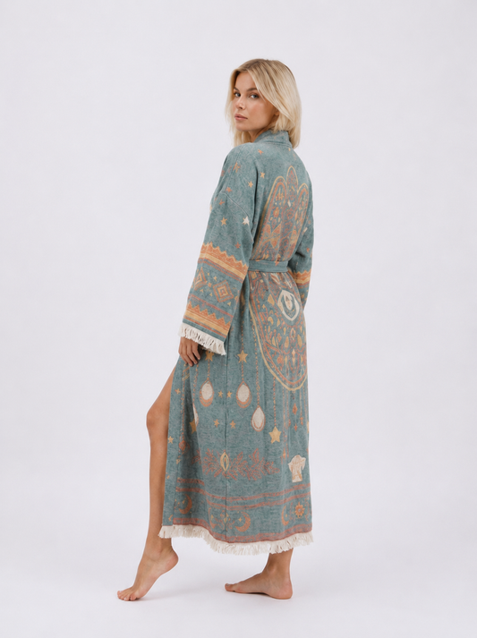 Side-back view of a long teal jacquard cotton kimono robe showing the oversized Hamsa hand and evil eye artwork, relaxed silhouette, side opening, fringed hem, and wide patterned sleeves.