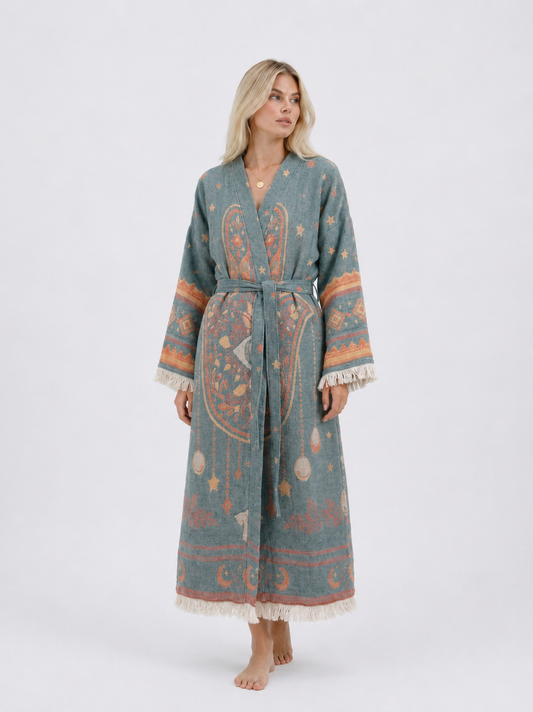 Front view of a blonde model wearing a teal jacquard cotton kimono robe with coral and gold Hamsa hand, evil eye, star, and celestial motifs, wide fringed sleeves, and a matching waist belt.