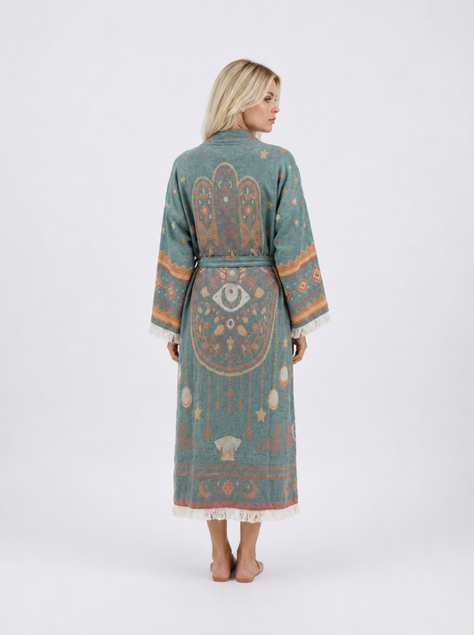 Full back view of a teal jacquard cotton kimono robe featuring a large Hamsa hand and evil eye design, celestial stars, coral and gold woven details, wide sleeves, fringe trim, and a matching belt.