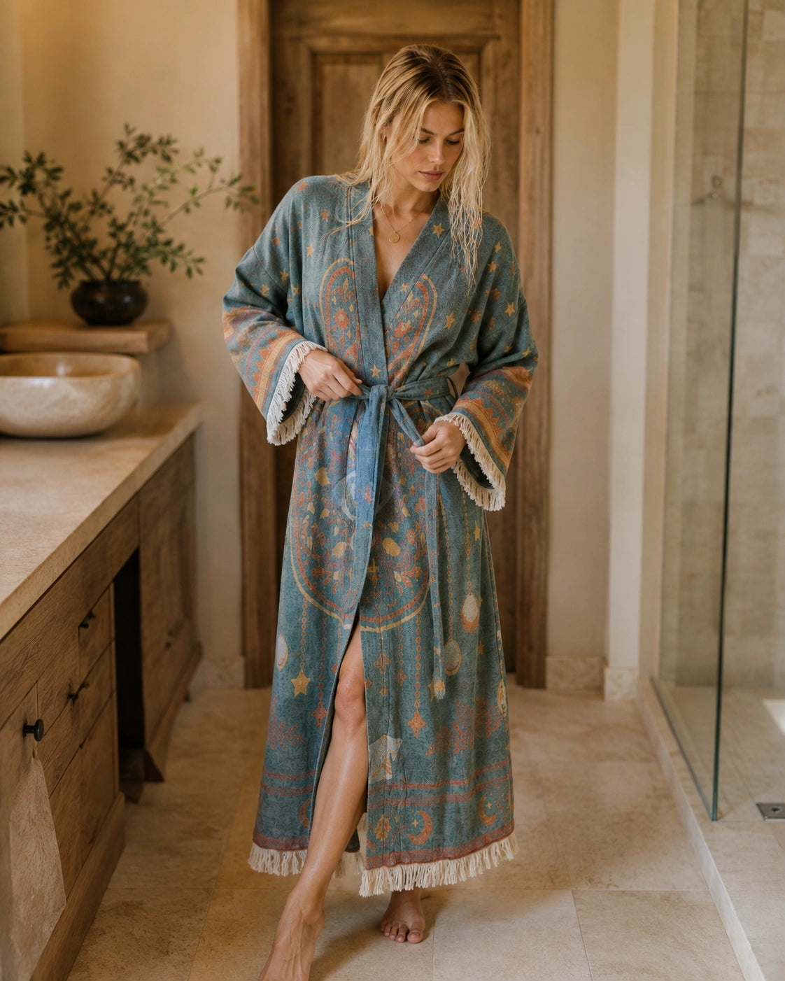 Woman wearing the blue Hamsa Turkish cotton kimono robe with celestial motifs, fringe sleeves and waist tie after a shower in a natural bathroom.