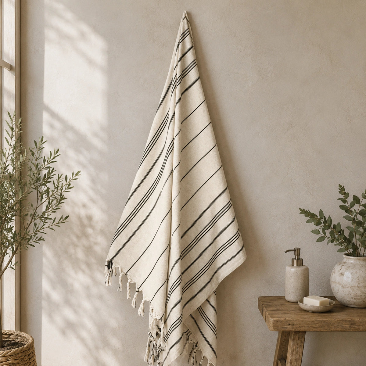 Lale cotton-linen Turkish towel hanging in a warm neutral bathroom, featuring an ivory woven texture, fine black stripes and tassels.