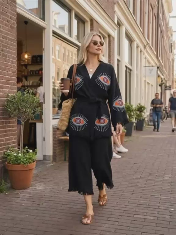 Black Turkish cotton evil eye kimono styled as an everyday streetwear look, featuring colorful eye motifs, relaxed wide sleeves, adjustable waist tie and fringe details. Woman walks through the city carrying coffee and a woven bag, showing the kimono’s relaxed fit and movement.