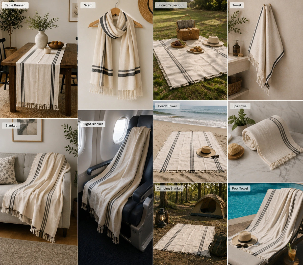 Celine Turkish cotton towel shown as a beach towel, scarf, table runner, picnic blanket, travel blanket and bath towel.