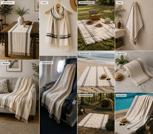 Celine Turkish cotton towel shown as a beach towel, scarf, table runner, picnic blanket, travel blanket and bath towel.