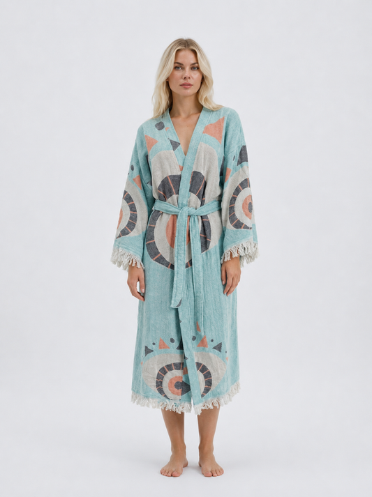 Front view of a blonde model wearing a turquoise jacquard cotton kimono robe with coral, cream, and charcoal evil eye motifs, a matching waist belt, wide sleeves, and cream fringe trim.