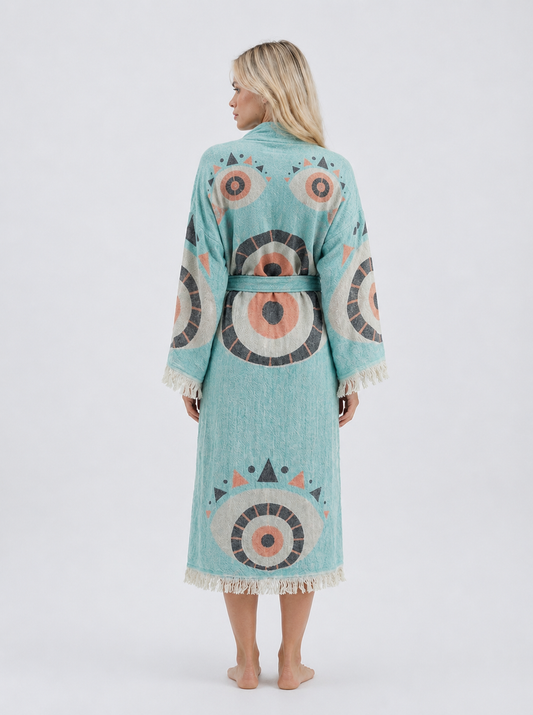 Back view of an artisan-made turquoise jacquard cotton kimono robe featuring large coral, cream, and charcoal evil eye designs, wide fringed sleeves, a matching belt, and an ankle-length hem.